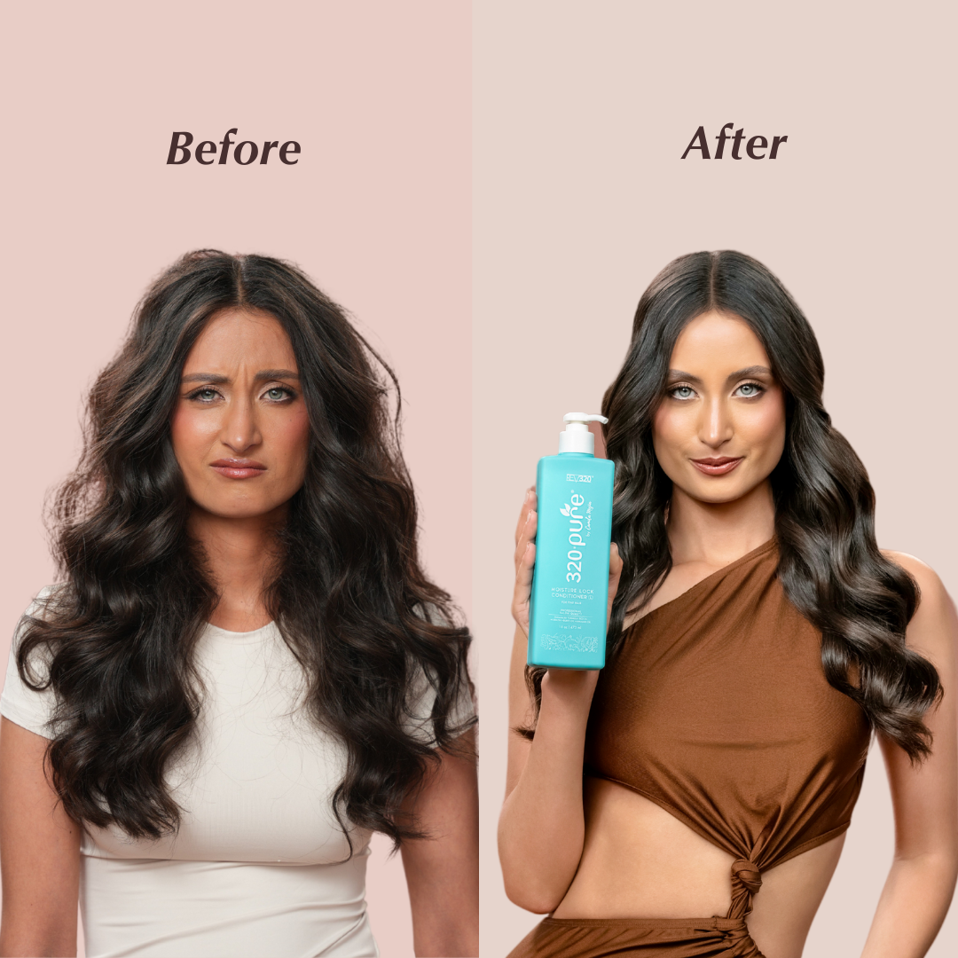 A banner for before and after using moisture conditioner for fine hair
