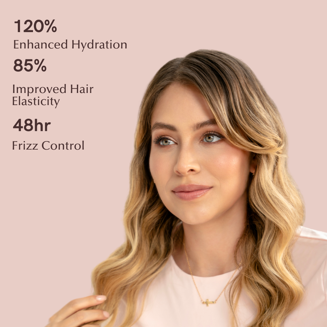 Product banner for 320 Pure moisture rich shampoo with a woman and product benefits