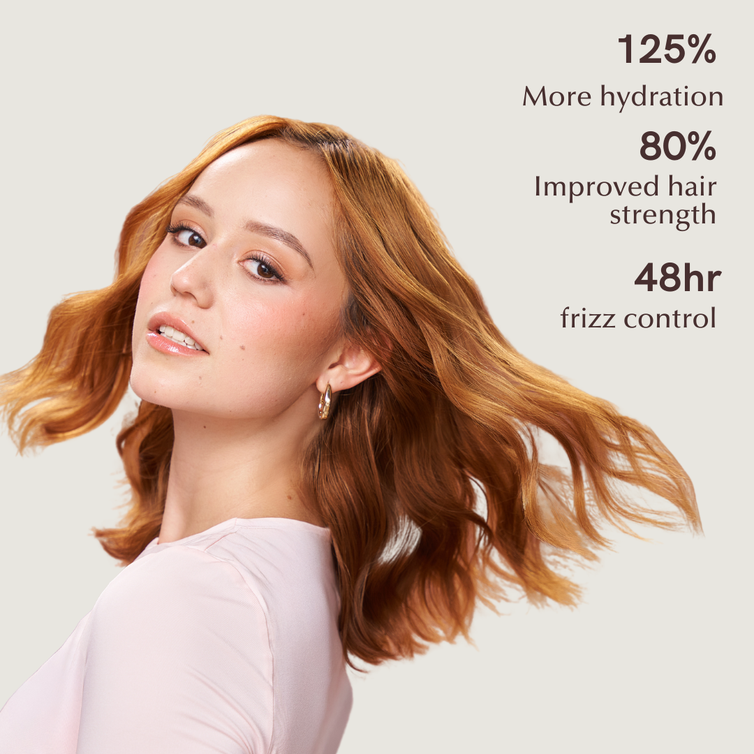 A women with wavy hair along with explanation of benefits for using REV-320 hair products