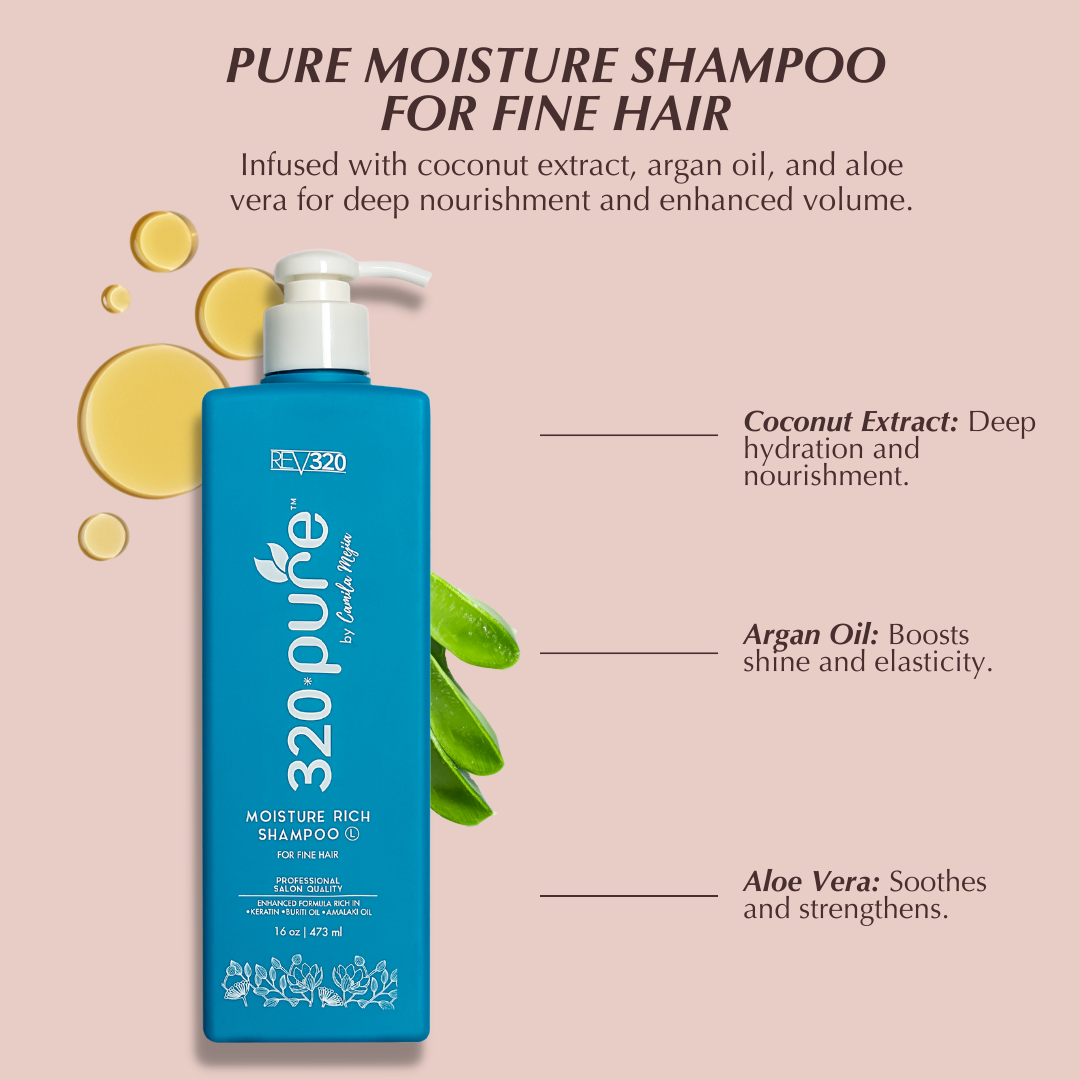 320 Pure moisture rich shampoo product banner with its key ingredients