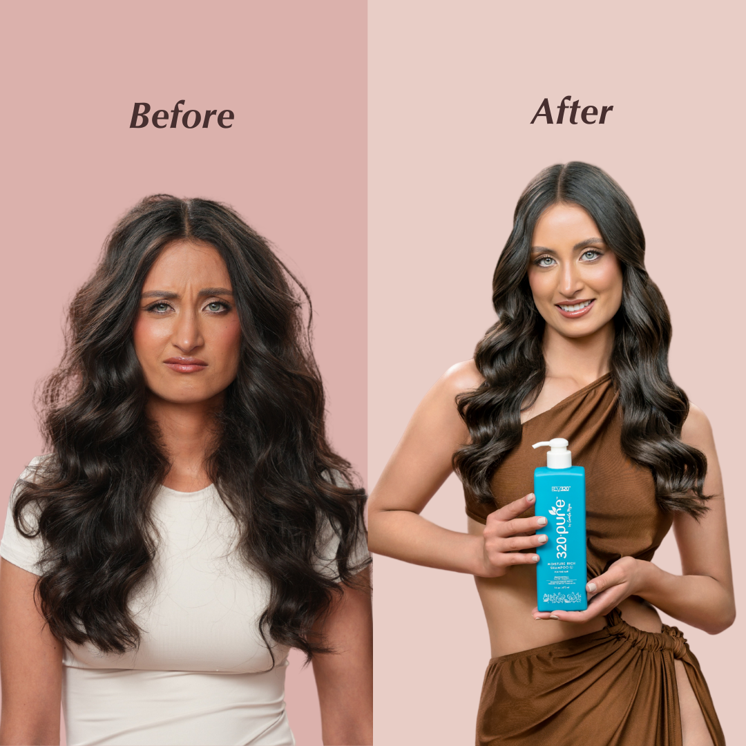 A image of before and after using 320 Pure moisture rich shampoo for fine hair