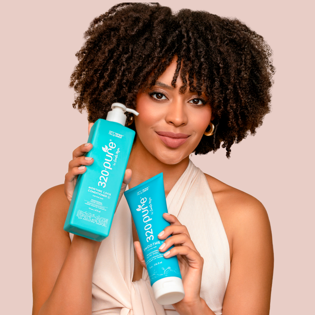 A woman with curly hair promoting 320 Pure ocean brilliance bundle from REV-320