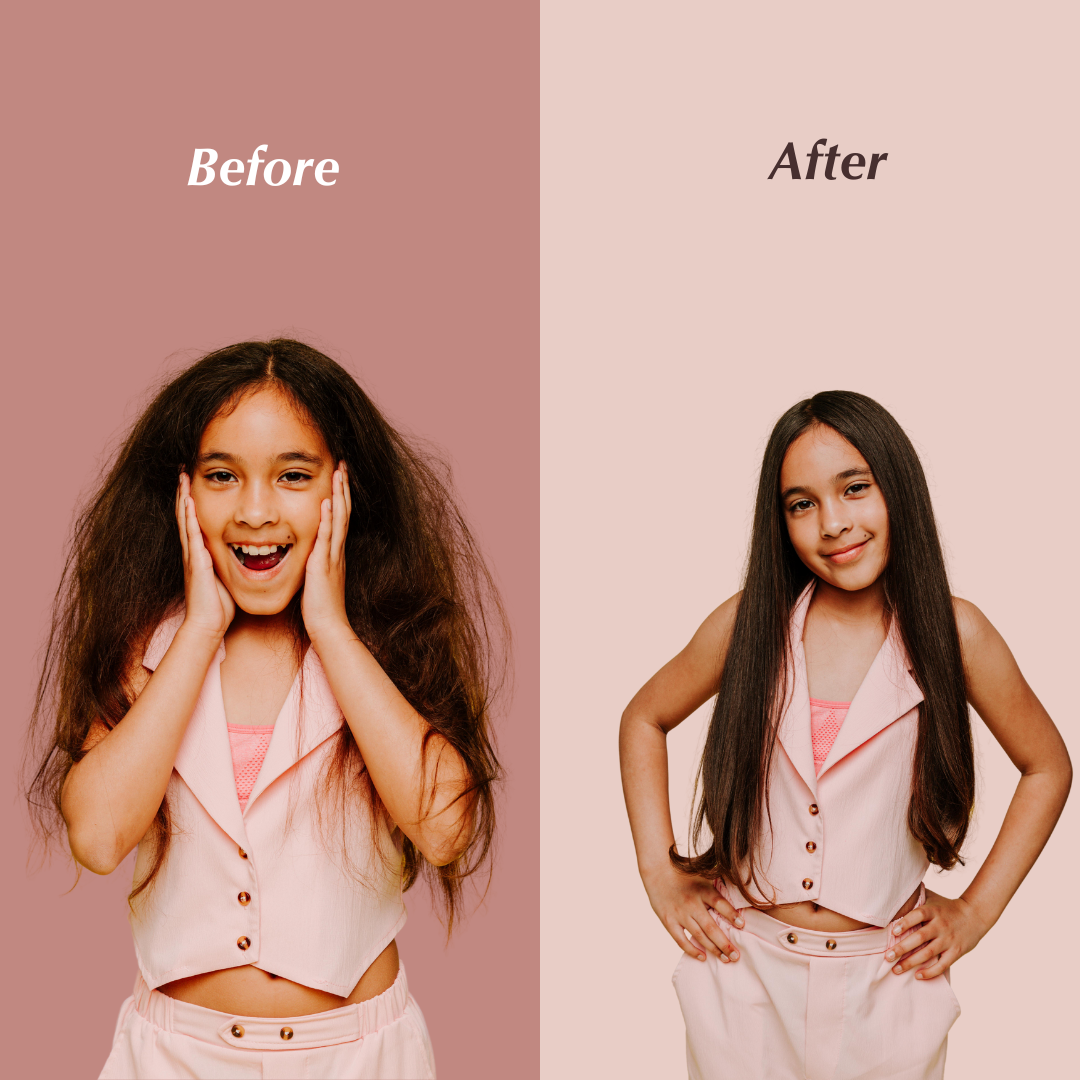 A before and after image of a girl using REV-320 natural hair care products