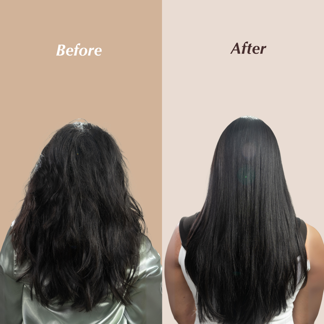 A before and after image of using hair mask from REV-320