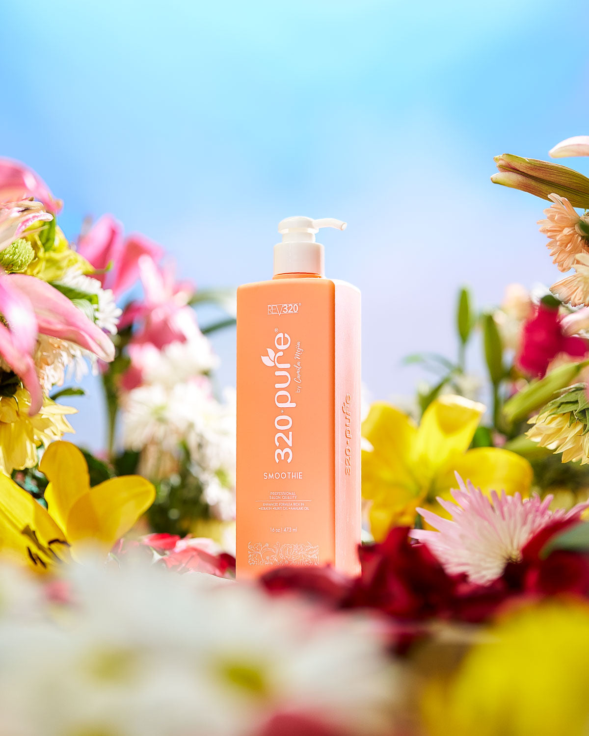 A bottle of 320 Pure leave in conditioner surrounded with flowers