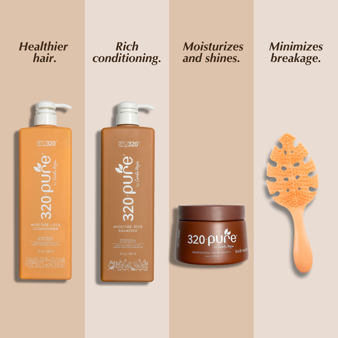 Product banner for 320 Pure earth esssentials hair care bundle with each benefits