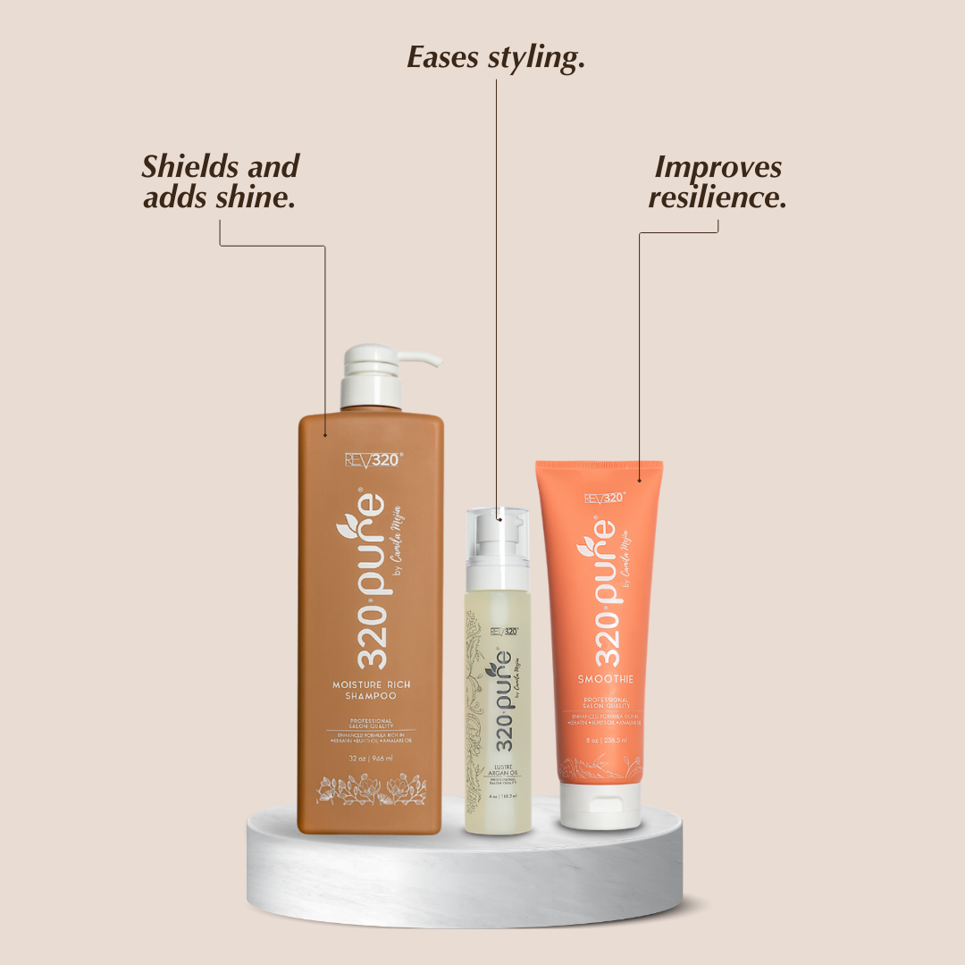 REV-320 earthy radiance hair care bundle banner along their benefits for hair