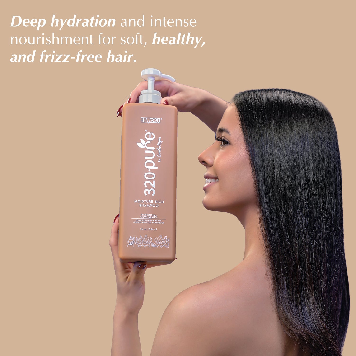 A women holding 320 Pure moisture rich shampoo for cleasing hair