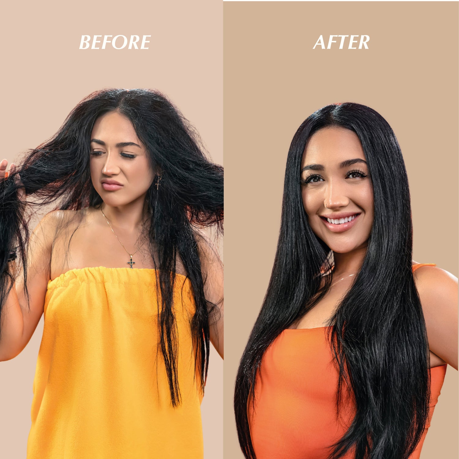 A before and after image for using REV-320 natural hair care products