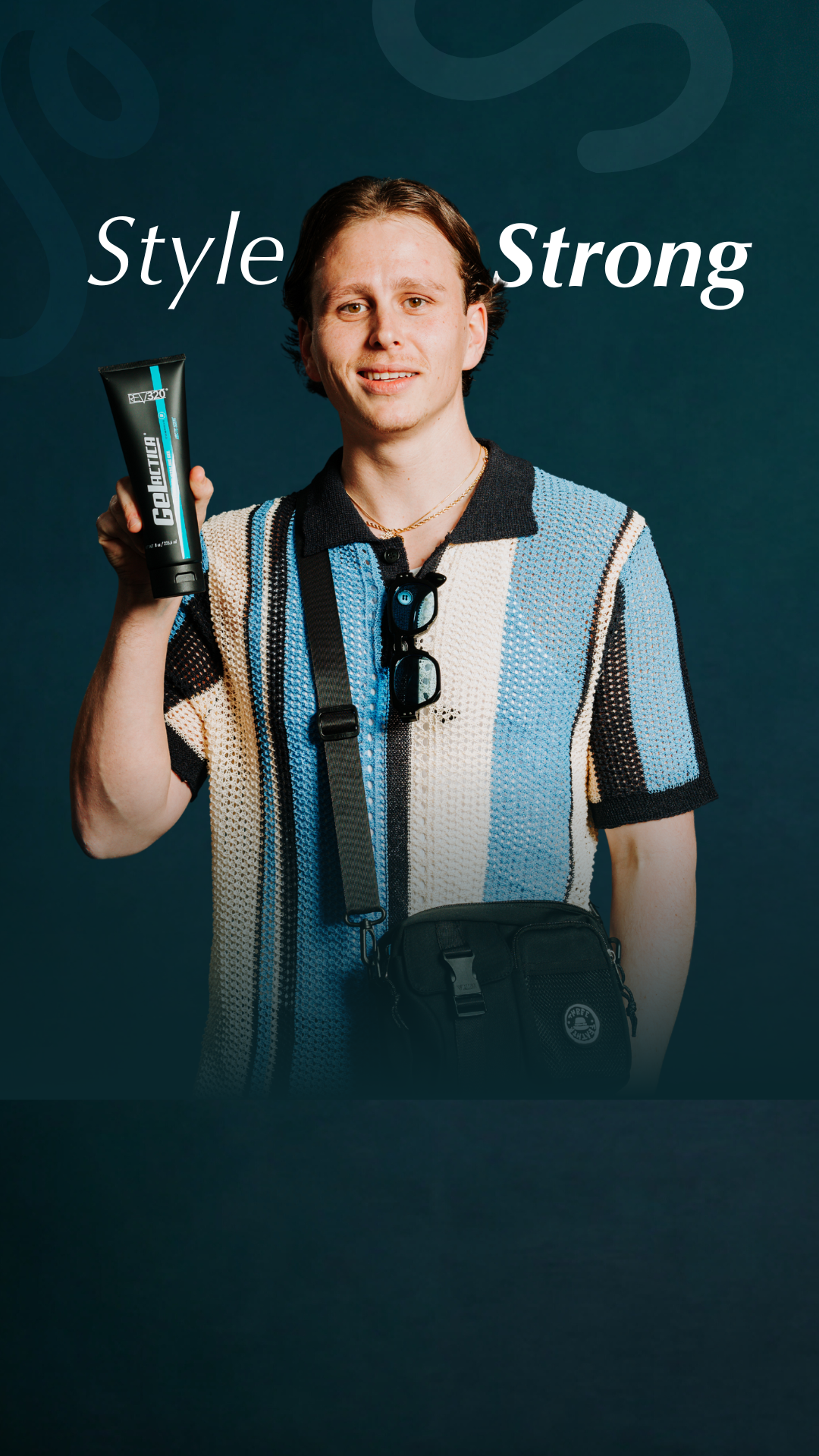 A man holding Gelactica max control hair styling gel with his bag