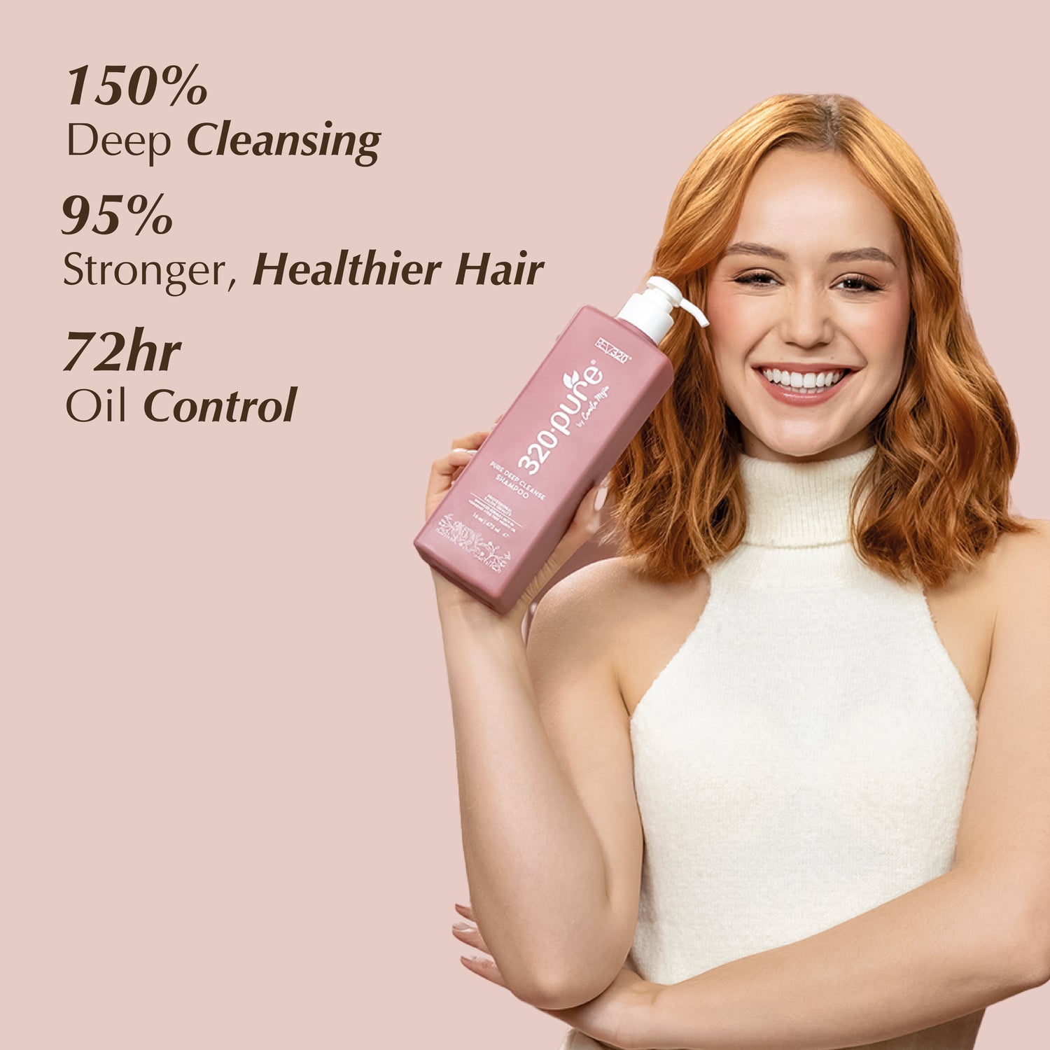 A happy women promoting Pure deep cleanse shampoo from REV-320 with its benefits
