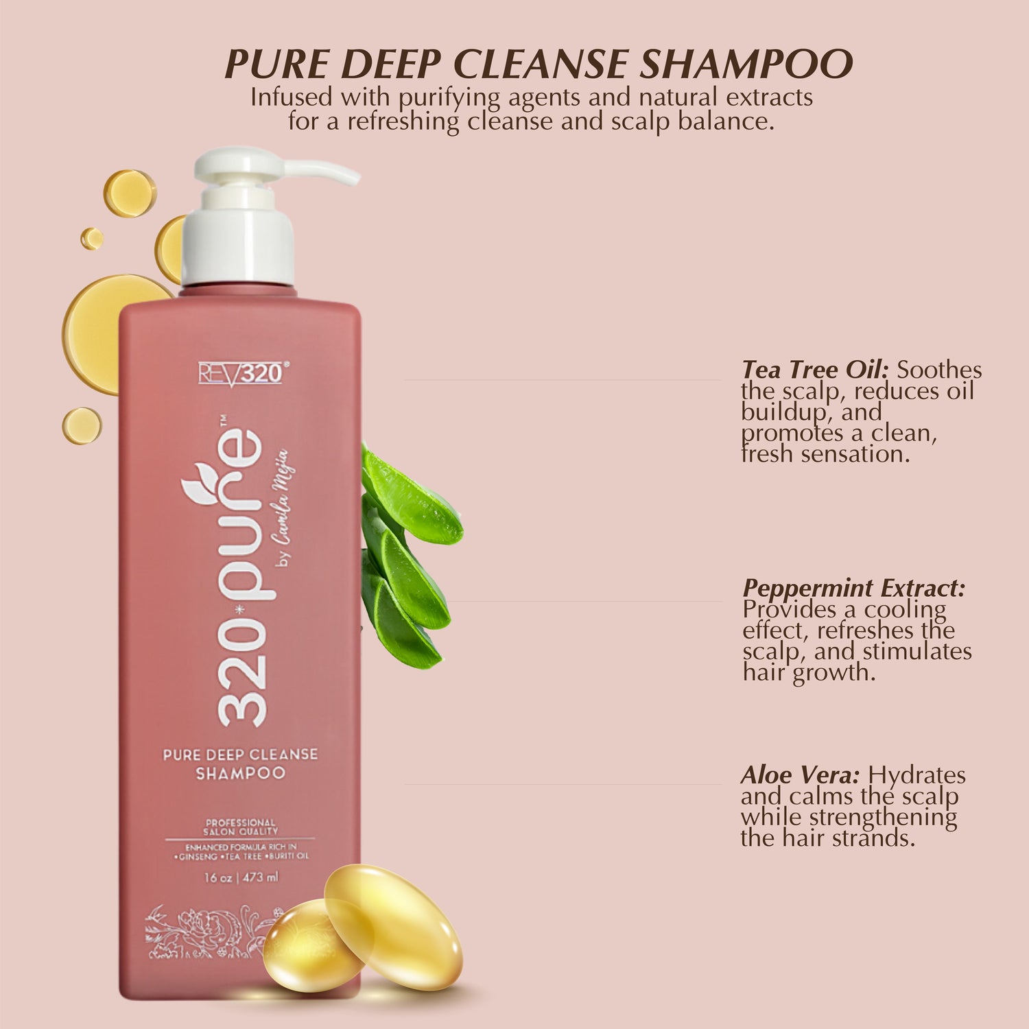 Product banner for 320 Pure deep cleanse shampoo with a list of its ingredients
