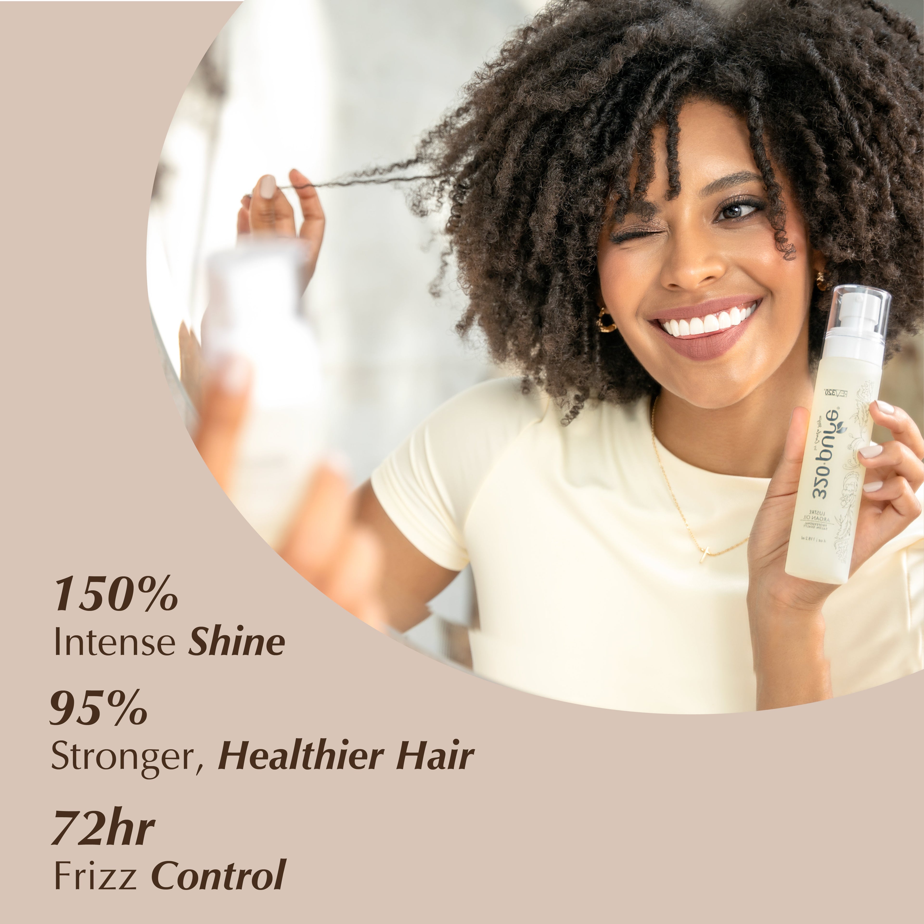 A women with curly hair promoting lustre argan oil from REV-320 with a list of its benefits