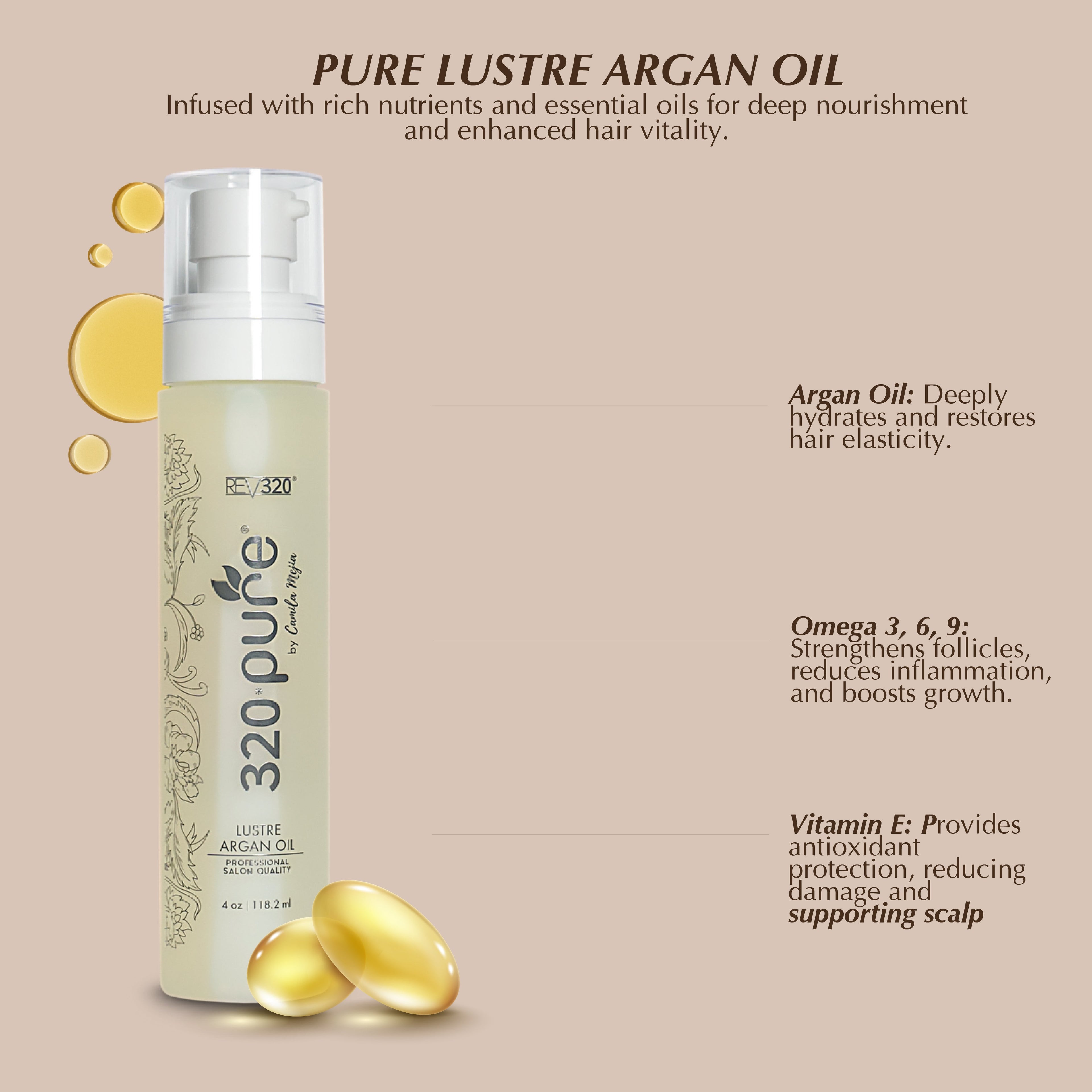 320 Pure lustre argan oil image with a list of its natural ingredients
