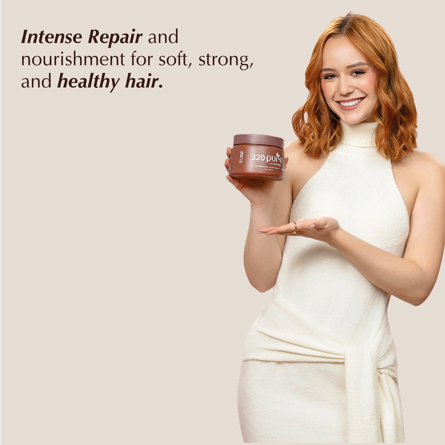 A women promoting 320 Pure hair mask for soft, strong, and healthy hair