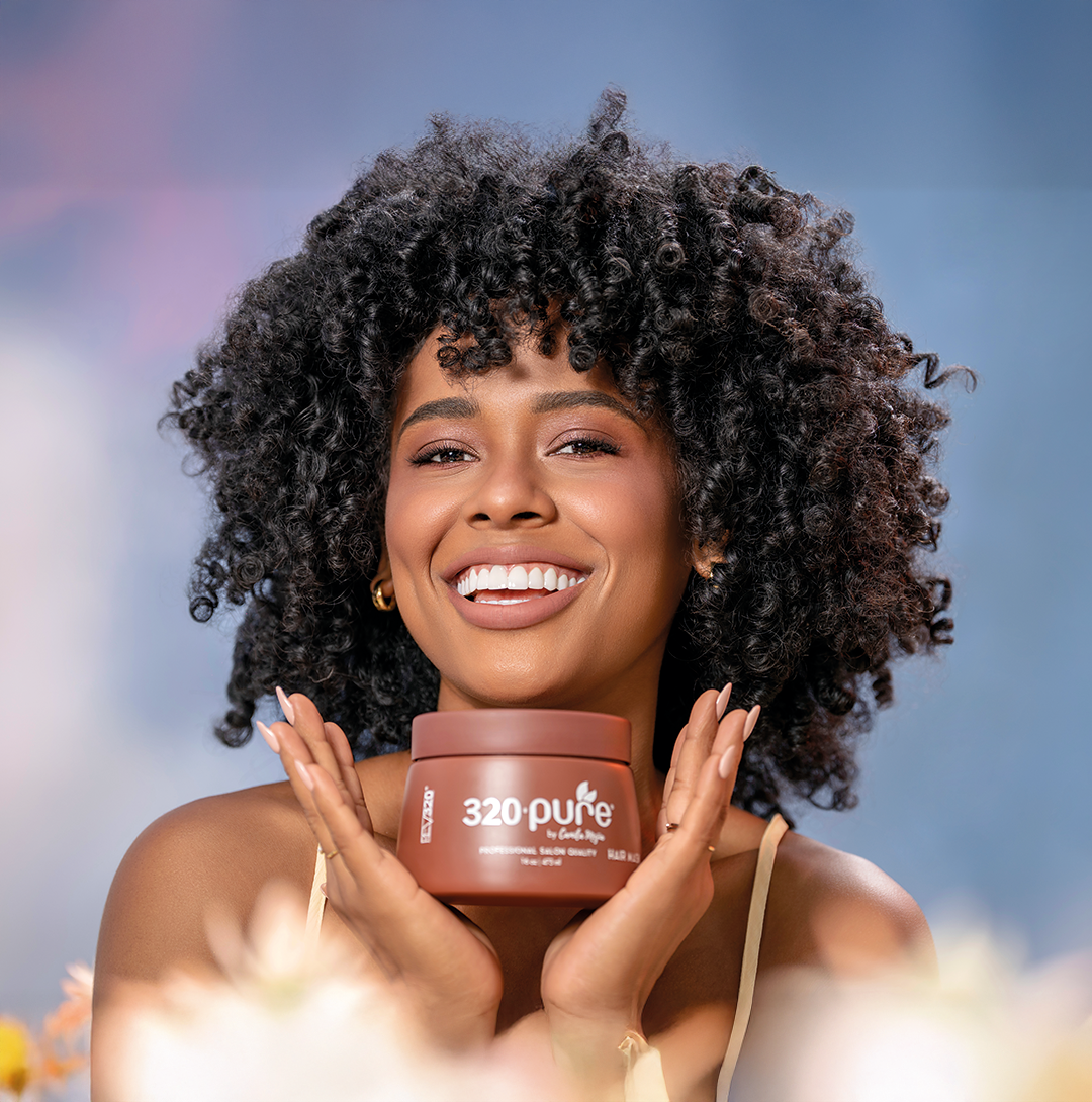 REV-320 model promoting 320 Pure hair mask