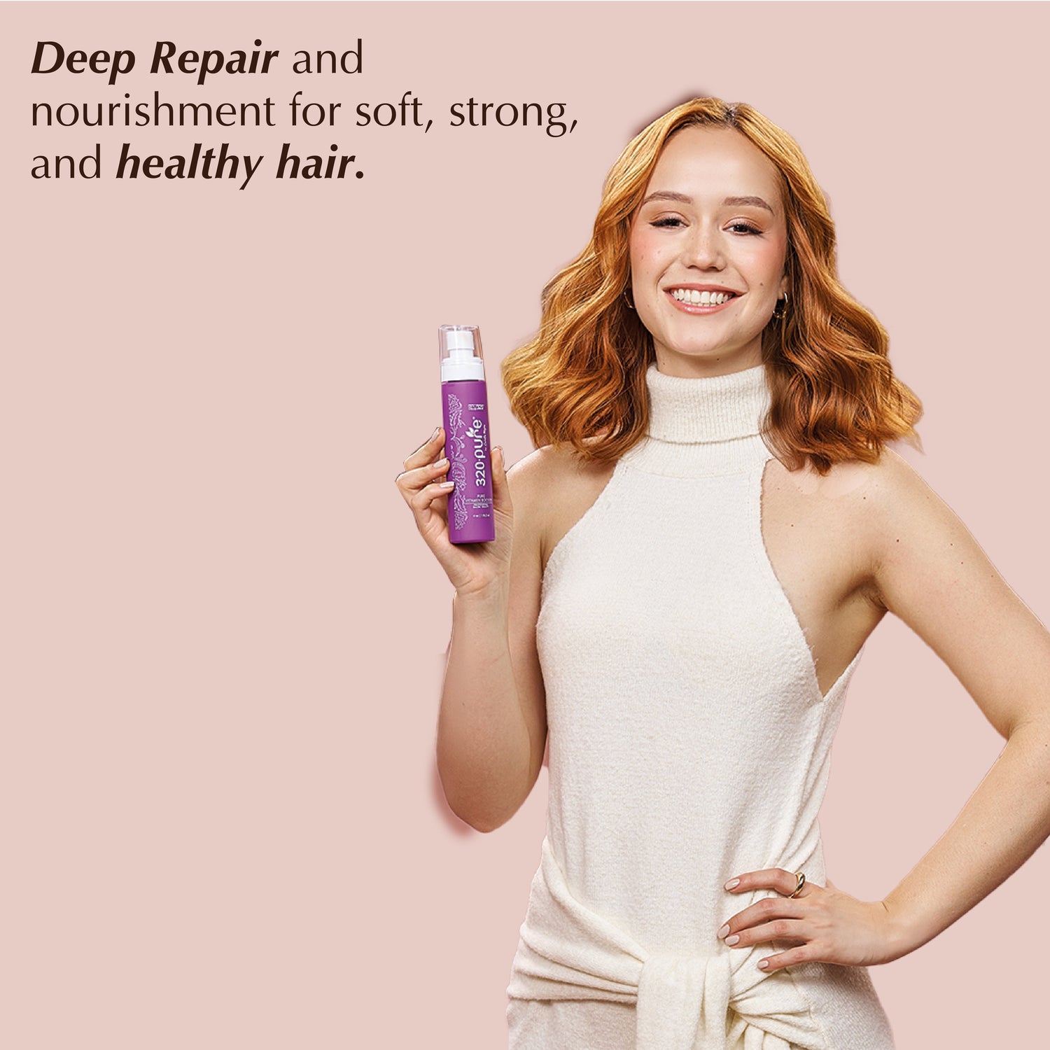 A product banner for 320 Pure vitamin booster promoting strong and healthy hair