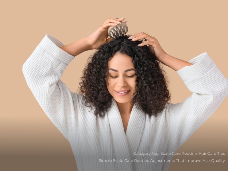 Beautiful Young Happy Woman in Bathrobe Using Scalp Massager for Her Healthy Curly Hair