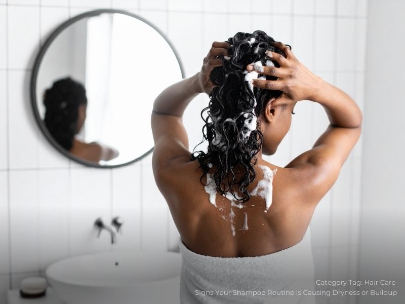 A woman washing her hair with shampoo while looking at the mirror