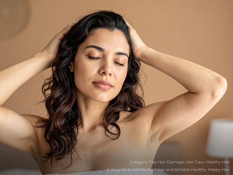 Woman Massaging Scalp Indoors With Eyes Closed