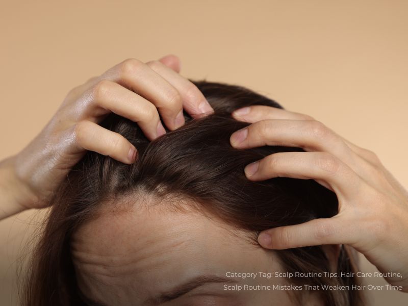 Woman with Scalp Problem on Beige Background