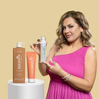 REV320 model holding Earthy Radiance Bundle
