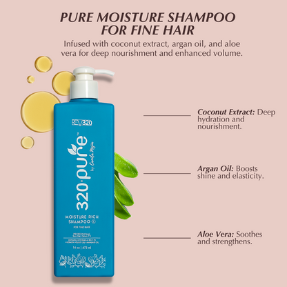 320 Pure moisture rich shampoo product banner with its key ingredients