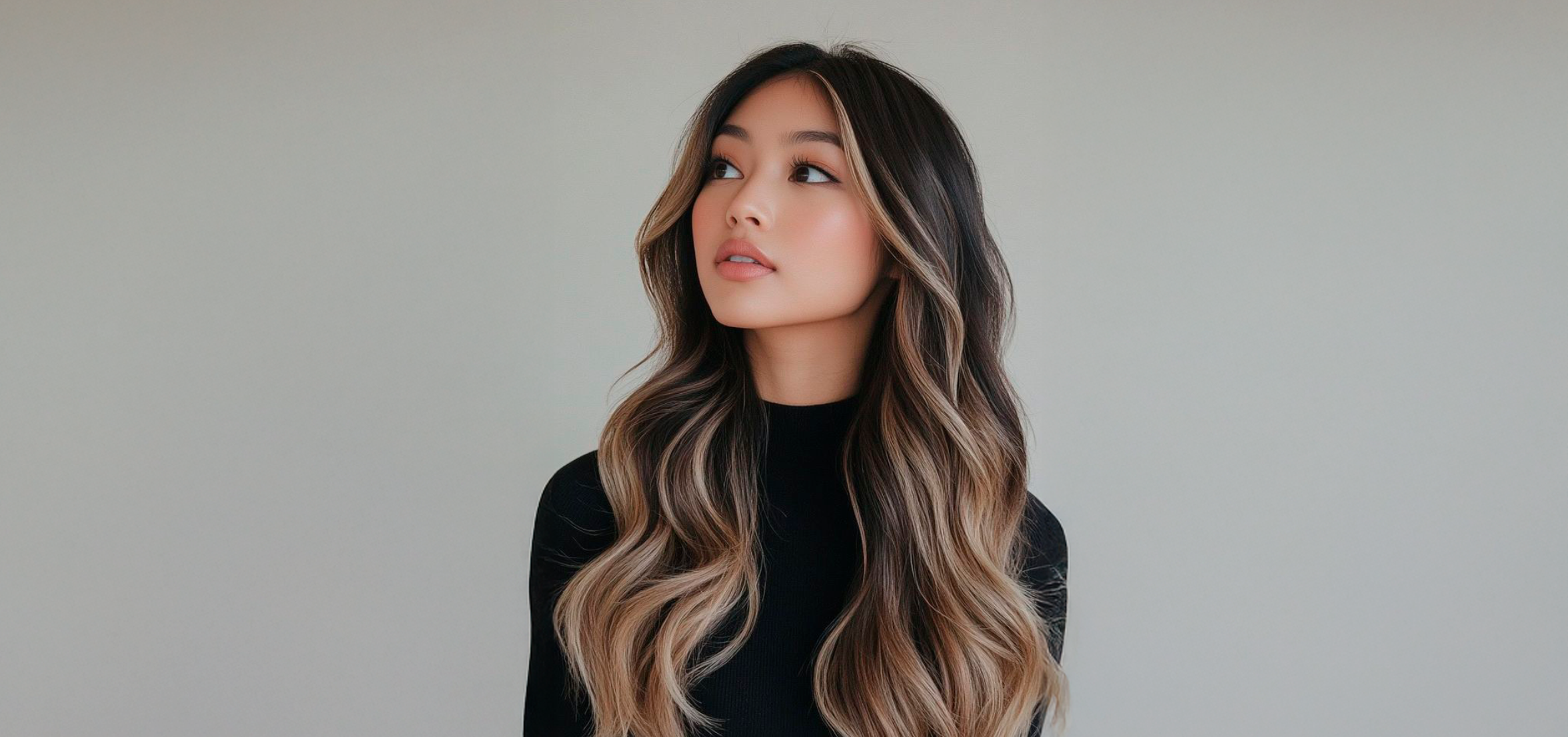 Woman with long, wavy hair looking to the side against a plain background