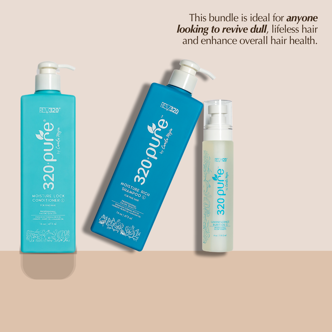 320 Pure hydrate &amp; restore hair care bundle product banner with its description