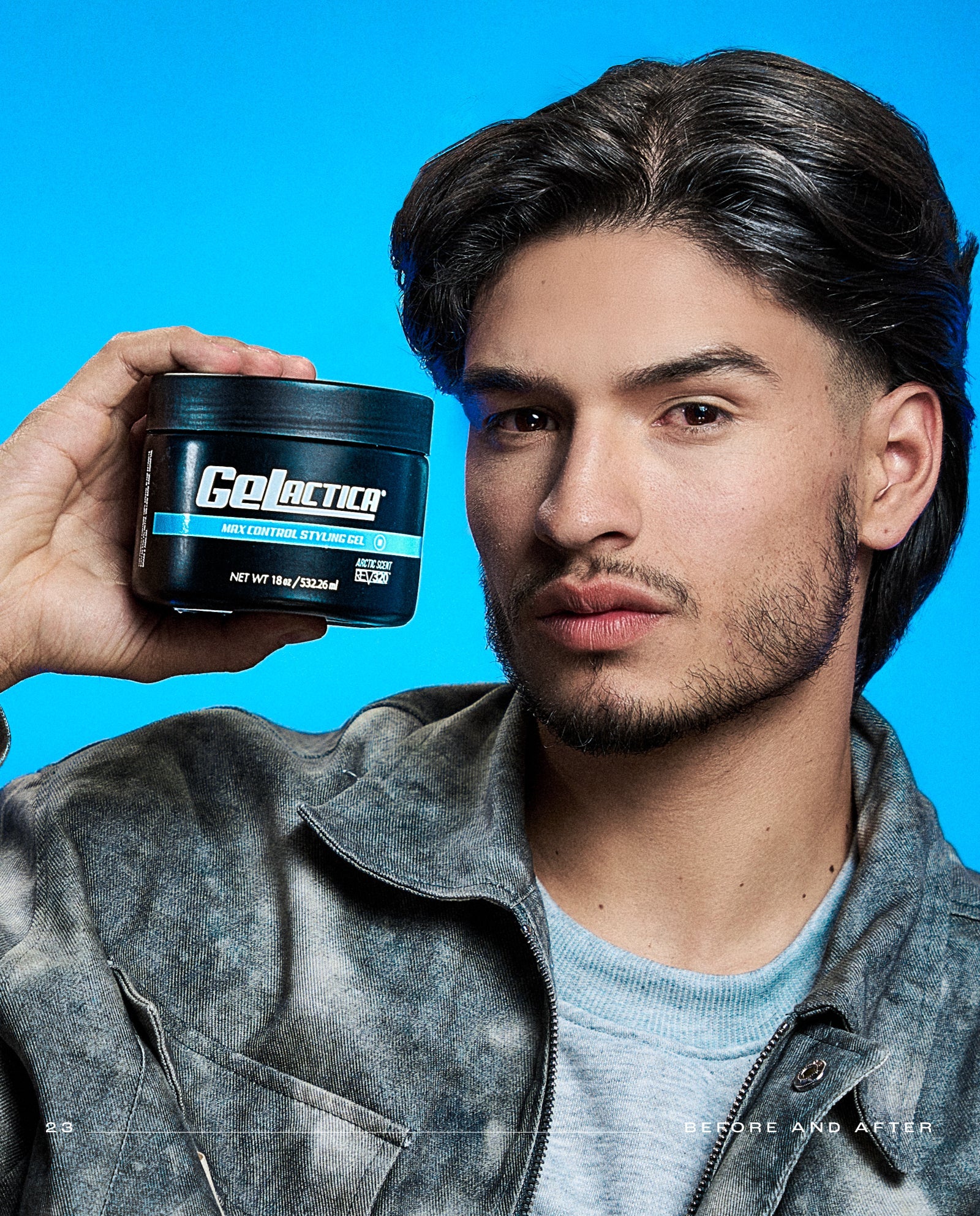A man holding Gelactica max control hair styling gel