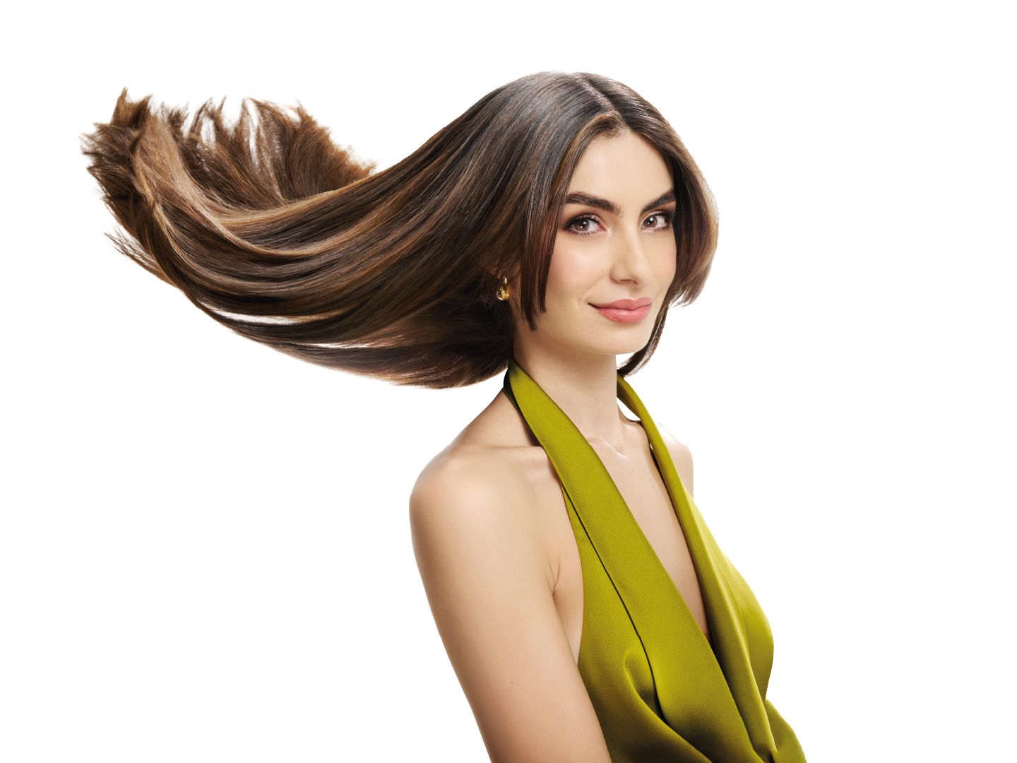 Woman with flowing brown hair wearing a green dress on a white background