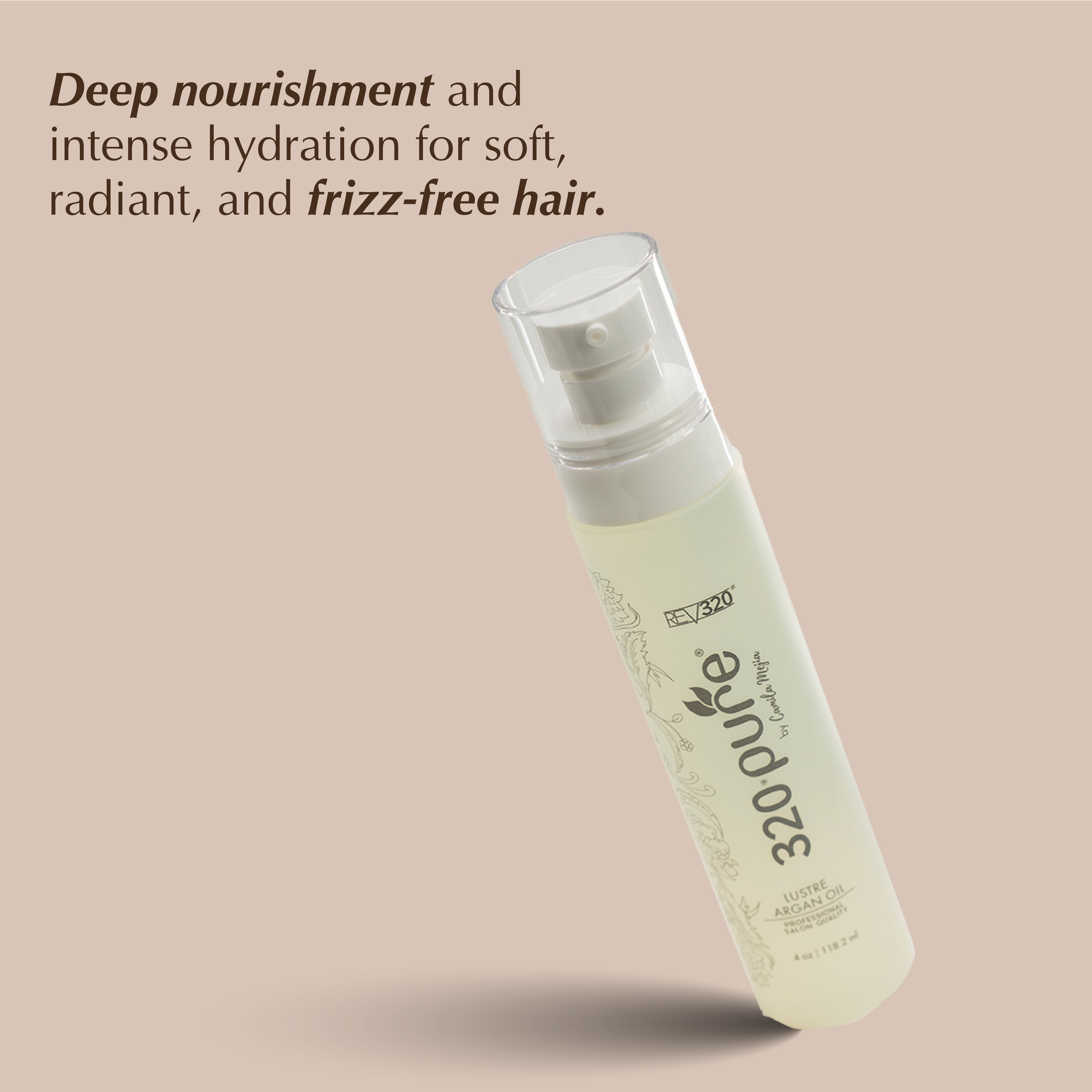 A products banner for lustre argan oil from REV-320 for frizz-free hair