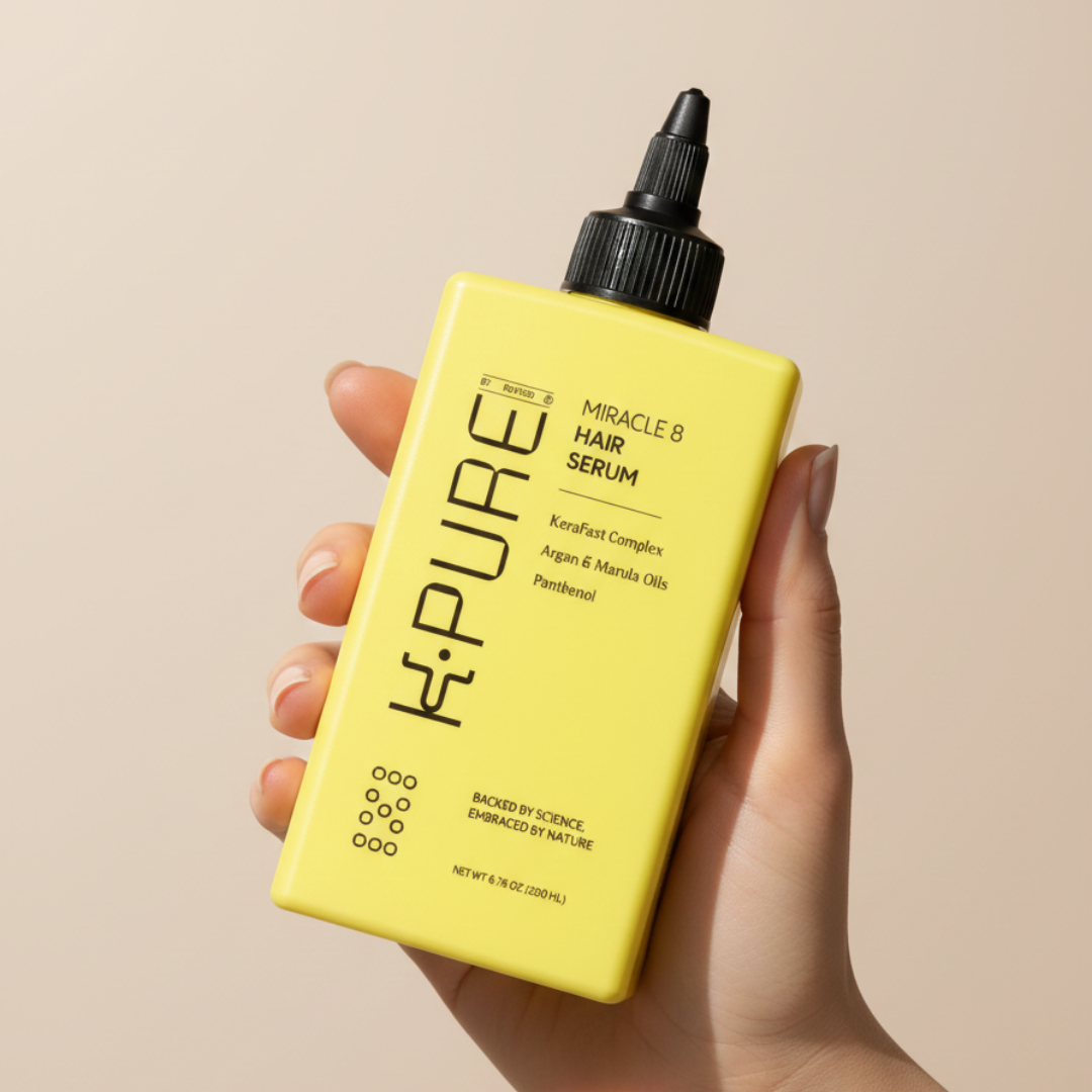 Hand holding a yellow bottle of Kpure Miracle 8 Hair Serum against a beige background